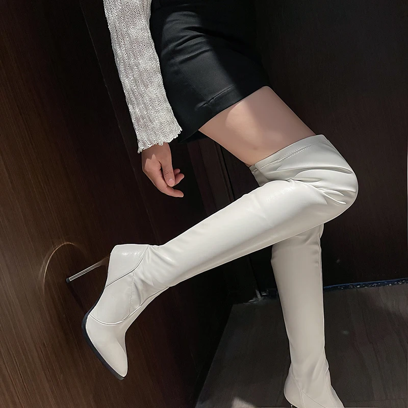 Plus Size High Quality Handcrafted Simple Slip-On Over The Knee Boots Stretch PU Pointed Toe Metal Stiletto Heel Elastic Boots