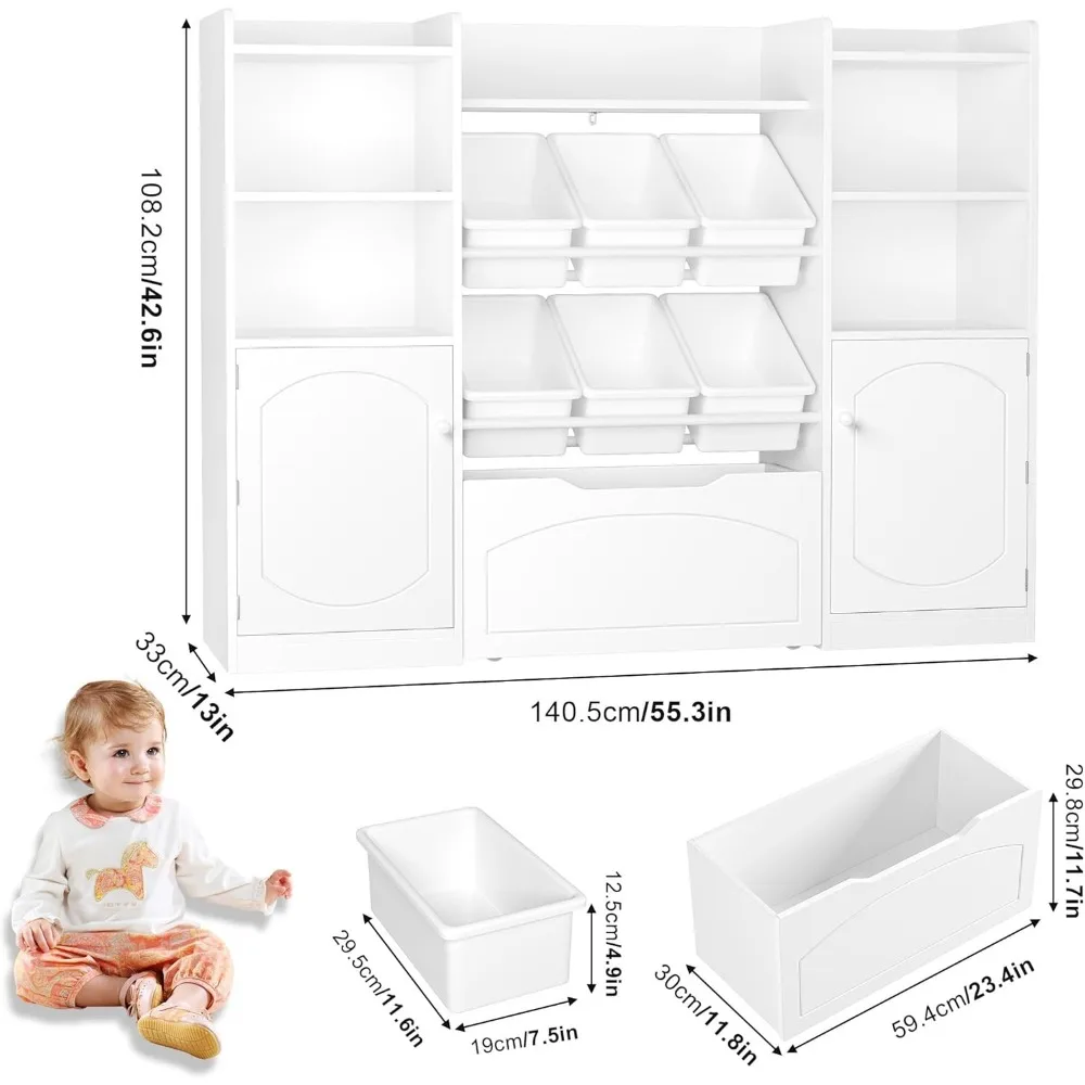 Toy Storage Organizer,5-in-1 Kids Bookshelf with Movable Drawer and Book Shelves Behind The Doors,Toy Organizer Playroom Storage 3