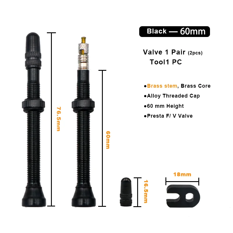 Bicycle Air Valve 2Pcs 40/60MM Vacuum Durable Alloy Stem Brass Core F/V Presta MTB Tubeless Tire Nozzle Cap Cycling Parts
