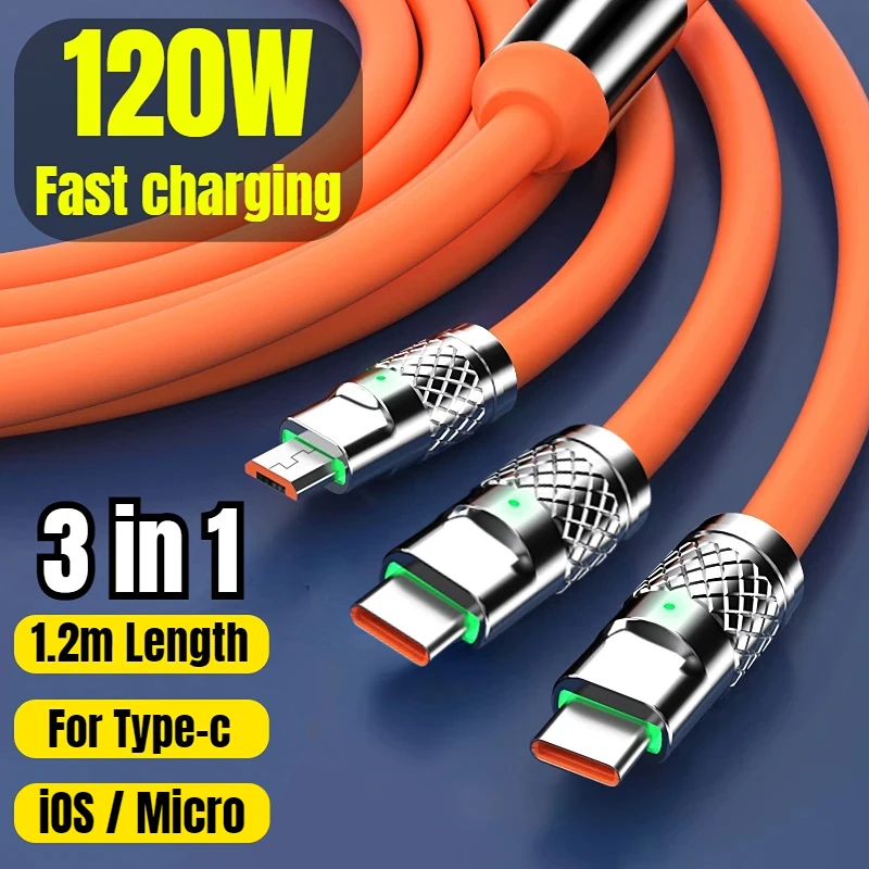 120W3in1SuperChargingCableMicroUSBTypeCFastChargerMicroUSB