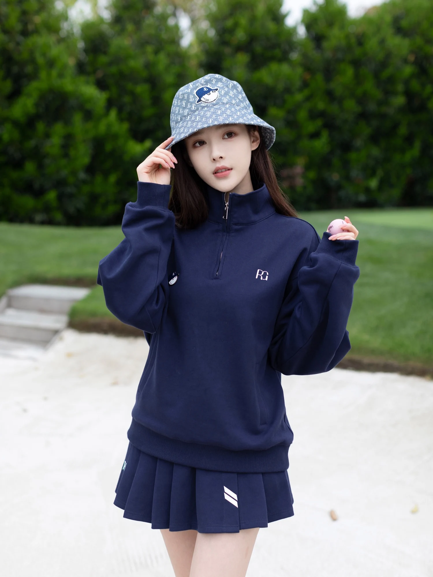 RG Sports Style Fashion Long-sleeved Polo Collar Top Pleated Skirt Women's Golf Suit Tennis Skirt New Zipper Loose Coat Shirt