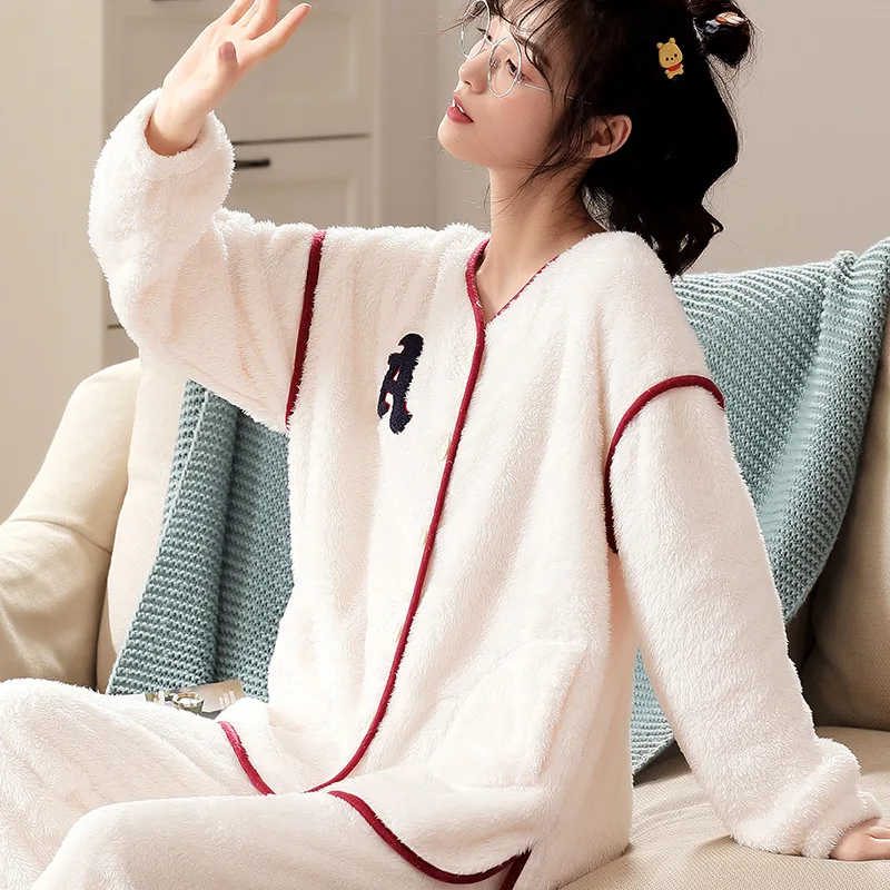 Sleepwear Pajamas Women Pajama Sets Warm Flannel Kawaii Clothes Coral Fleece Long Sleeve Fleece Sleepwear Loungewear Sets Korean