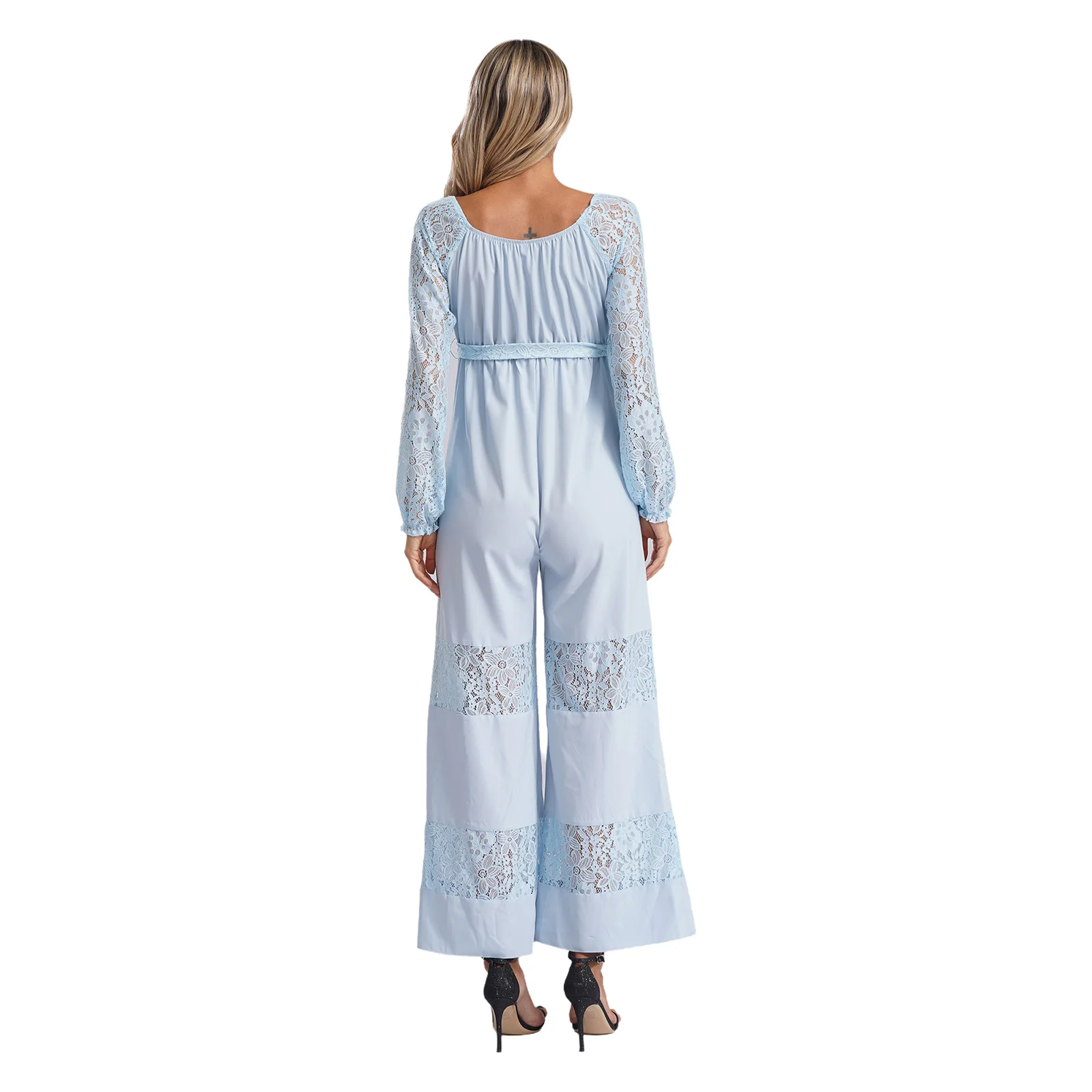 Women's Maternity Jumpsuits Pregnancy Work Clothes Pregnant Casual Long Sleeve Lace Hallow out Loose Wide Leg Ruffled Overalls 2