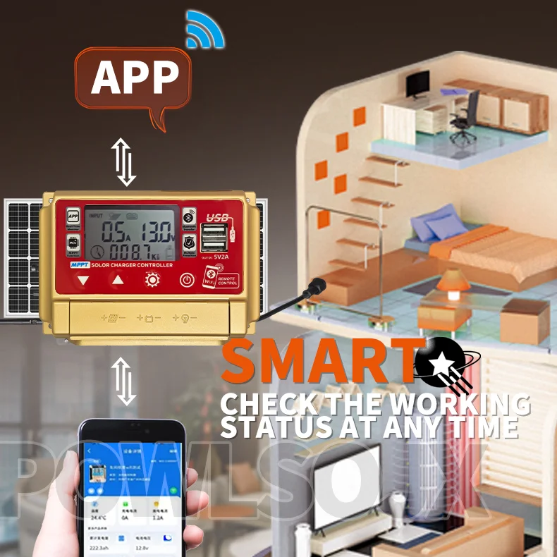 Solar Controller with Bluetooth/WiFi, HD LCD, Dual USB, Metal Heat Dissipation,