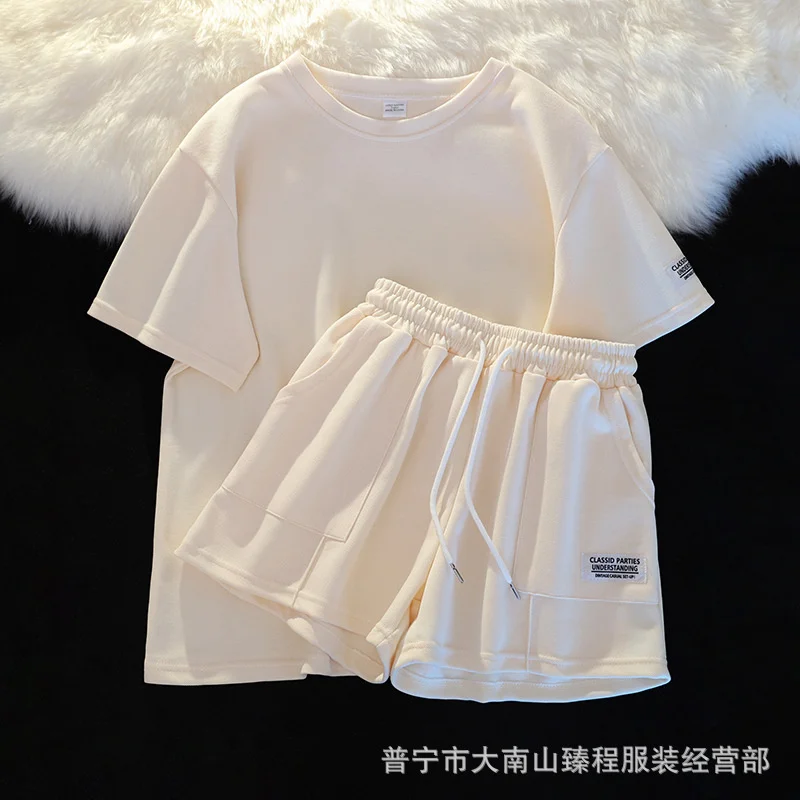 여성의 편안한 스포츠 반바지 세트 여름 느슨한 짧은 소매와 반바지 두 조각 세..