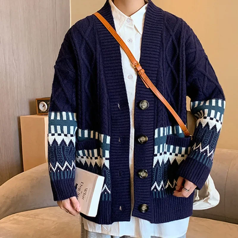 Versatile Korean Style Fall Winter New Men's Sweater Idle Thickened Knitted Top Couple Casual Color Block Cardigan Jacket