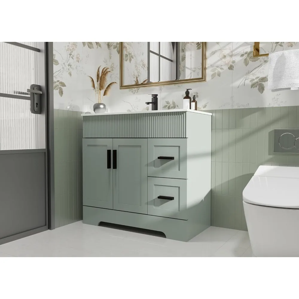 36" Bathroom Vanities Sink Combo Set, Modern Cabinet w/Wave Lines, Undermount Ceramic Sink w/Matte Black Faucet Drain 3