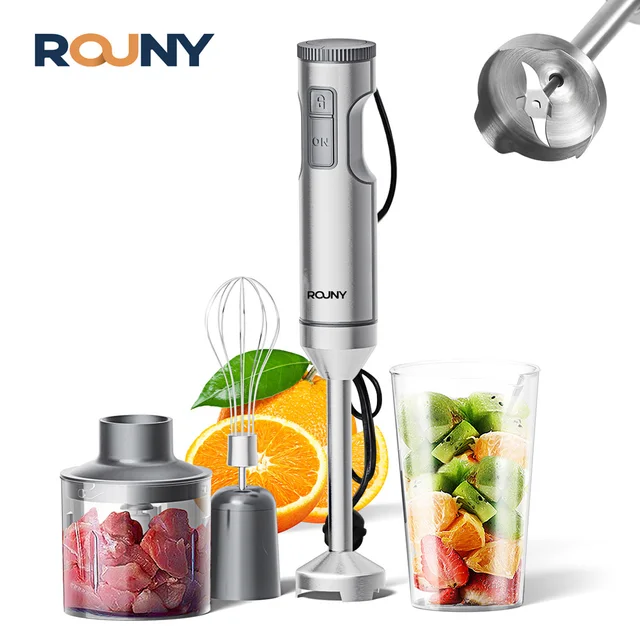 Mixeur Plongeant Puissant 4-en-1, Batteur Manuel en Acier Inoxydable, Bol de Mélange 700ml, Hachoir 500ml, Fouet, 1200W MAX 1