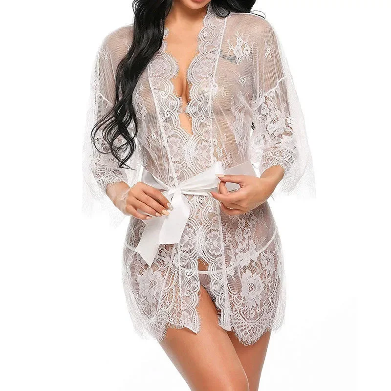 Lace Sleepwear Dress Robe Kimono Women Sexy Lingerie Transparent V-Neck Nightwear Babydoll Erotic Robe G-string Costume women lingerie