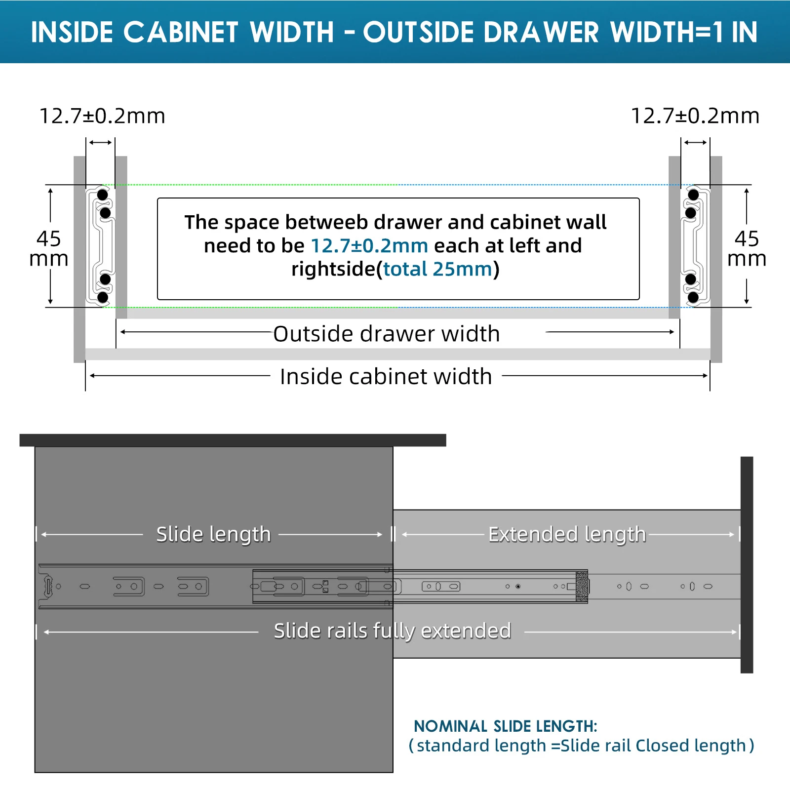 WASHINGST 45mm Slide Drawer Track Water Proof Stainless Steel Load Bearing 100LB Kitchen Cupboard 3 Section Thicken Ball Bearing images - 6