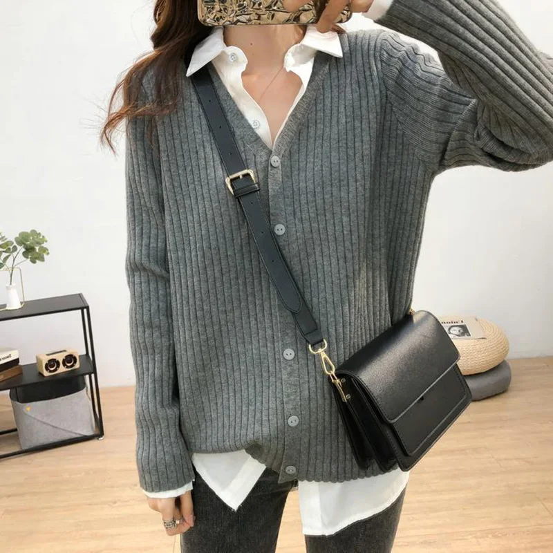 Fashion Solid Color V-Neck Screw Thread All-match Knitted Shirt Female Clothing 2022 Autumn New Casual Tops Office Lady Blouse