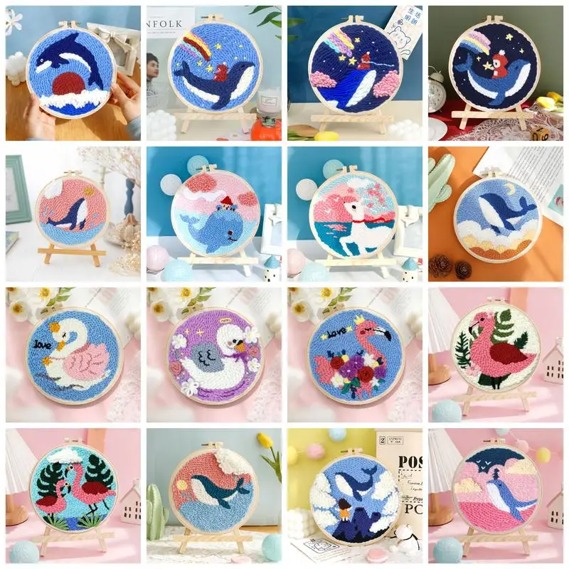 Punch Poke Needle Embroidery Starter Kits Craft Dolphin Swan Flamingo Kids DIY Needlework Set for Beginner embroidery set,embroidery kits