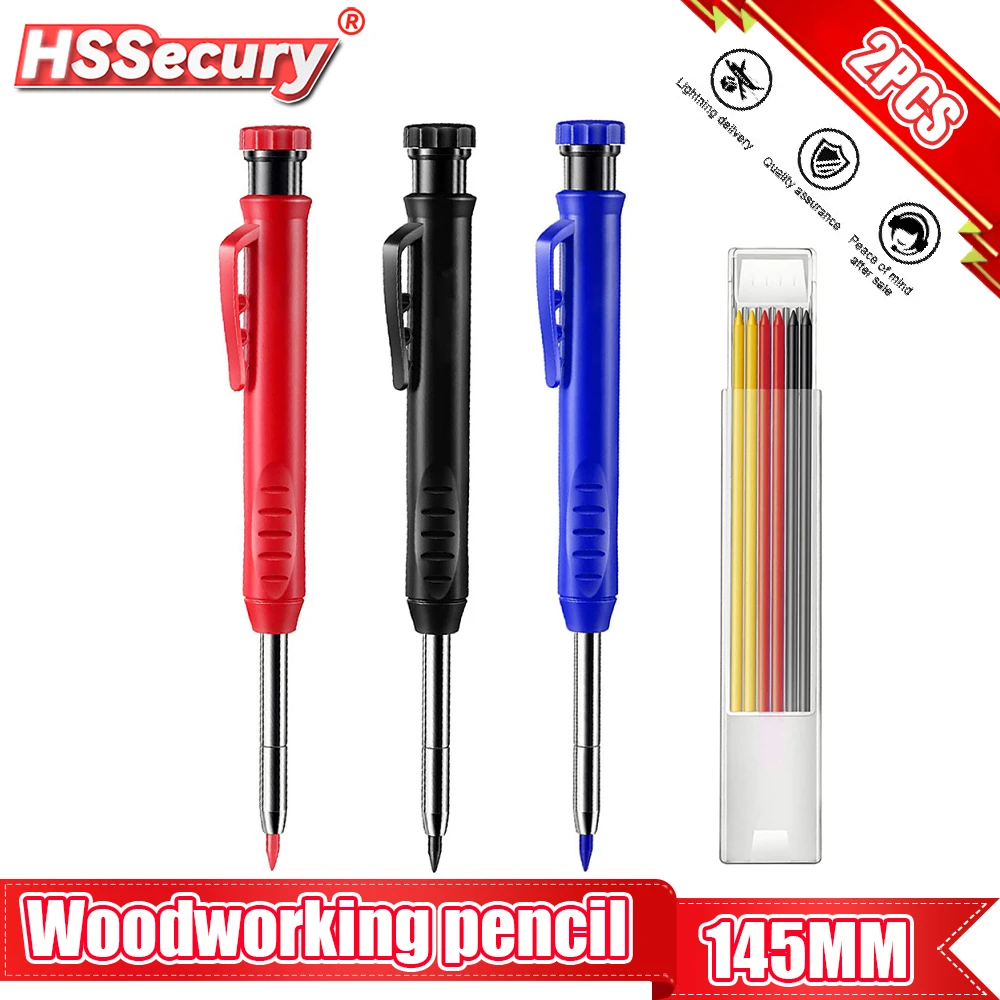 Solid Carpenter Pencil Set with 6 Refill Built in Sharpener Deep Hole Mechanical Pencil