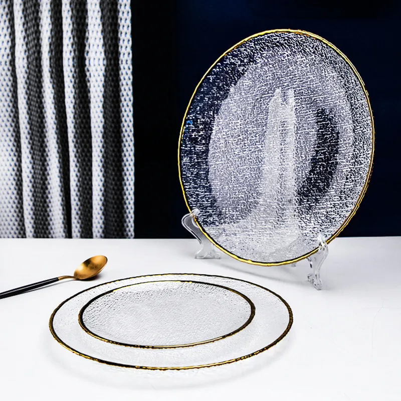 Gold Edge Glass Plate Rice Soup Dessert Salad Vegetable Bowl Dessert Cake Tray Tableware