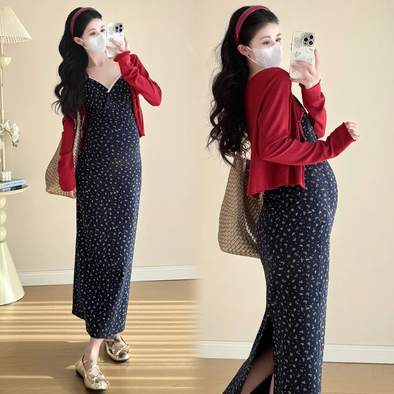 Spring Pregnant Woman Slim Dress Suits Long Sleeve Cardigans Floral Strap Dress Twinset Fashion Maternity Clothes Set Sweet