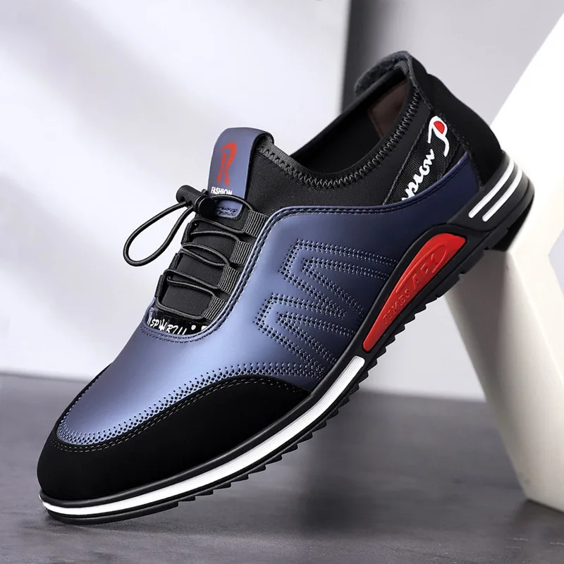 Casual Shoes Men Elastic Band Leather Soft Flat Business Sneakers