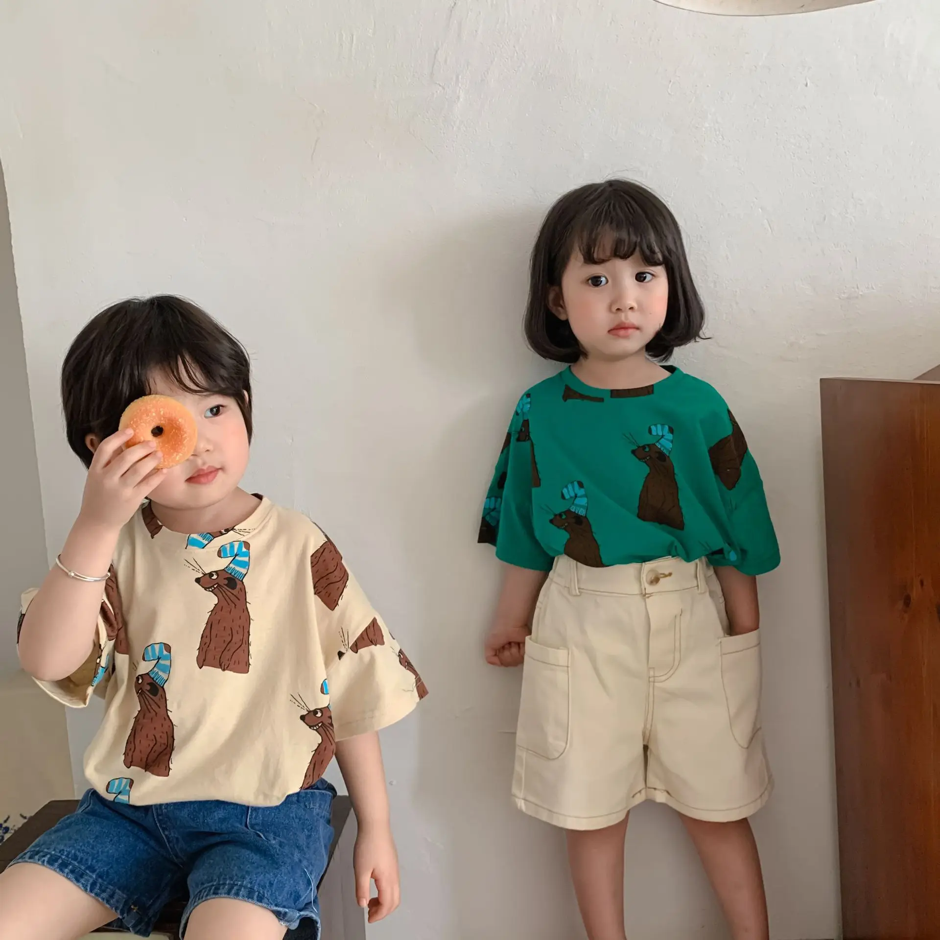 

2023 Summer New Children Short Sleeve T Shirt Cute Cartoon Groundhog Print Kids T Shirt Cotton Boys O-neck Tops Girls Tee