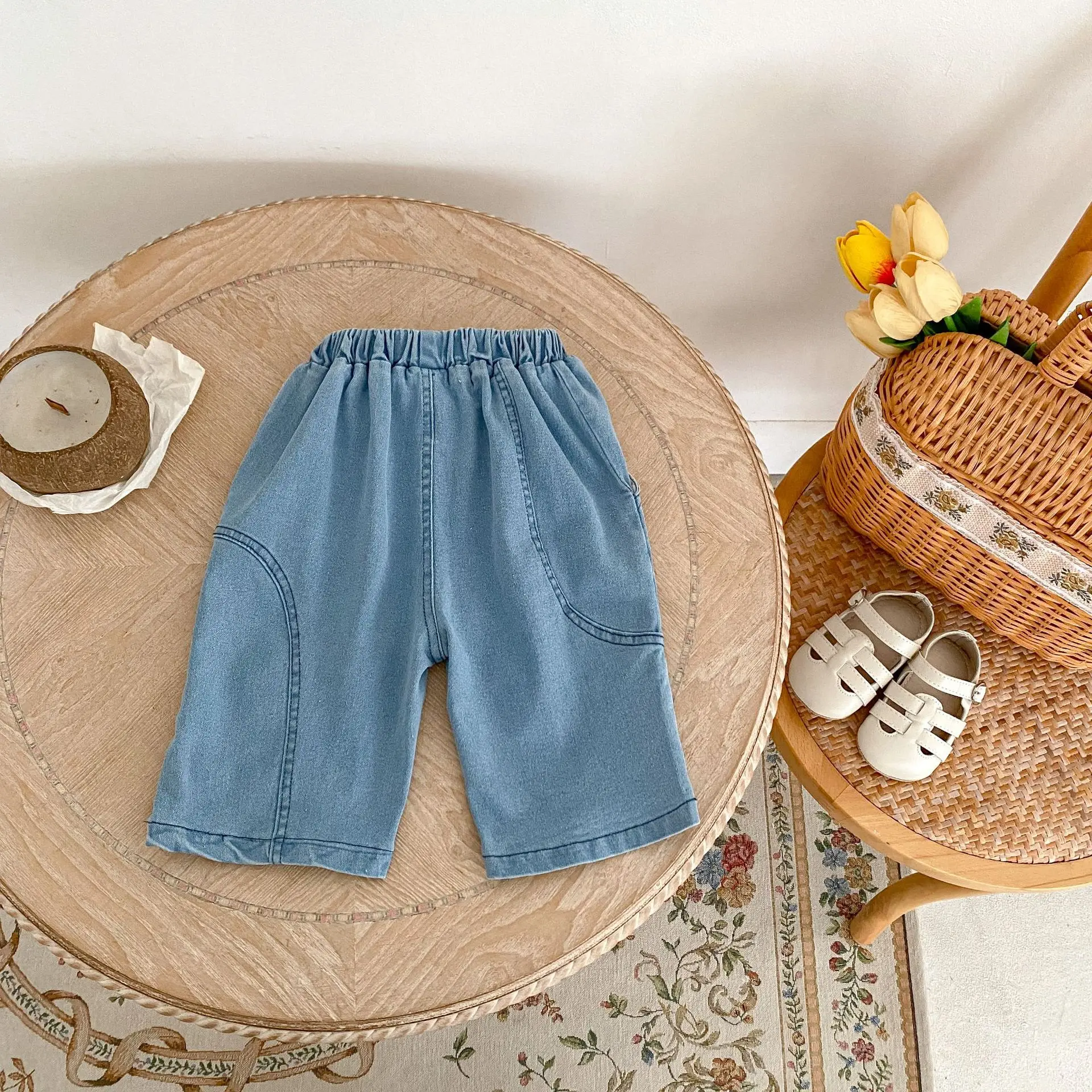 데님 반바지 남녀공용 루즈핏 크롭 팬츠, 단색 캐주얼 팬츠, 다용도 청바지,  의류, 어린이 패션, 2024 여름 신상