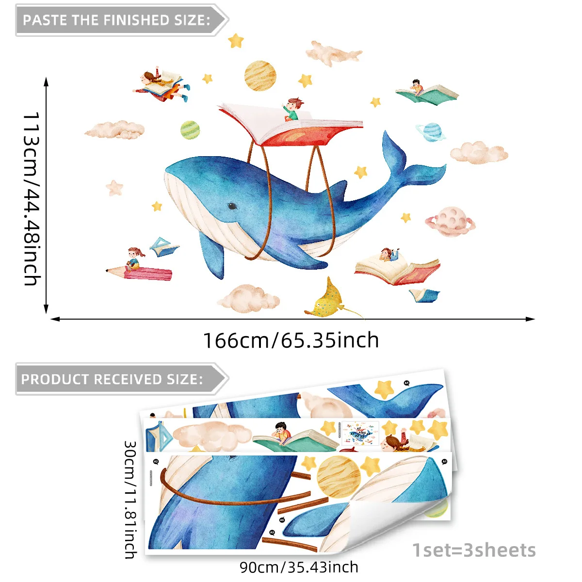 Cartoon Whale & Boy in The Ocean Wall Decal Removable Vinyl Wall Stickers for Classroom Nursery Room Decor 30x90cm