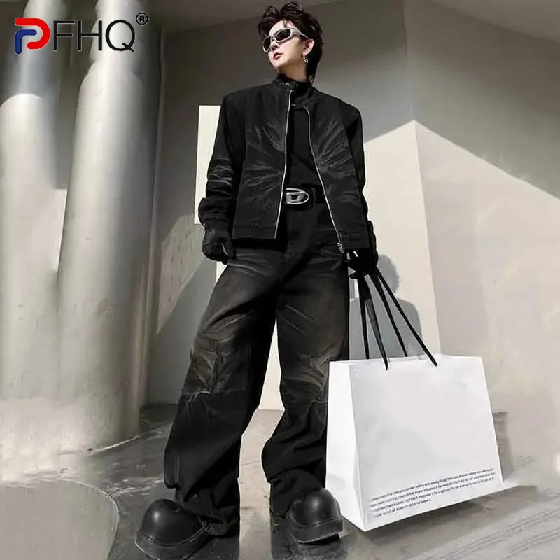 

PFHQ Gradient Color Men's Denim Suit High Street Stand Collar Zipper Male Jackets Chic Men Wide Leg Jeans Spring New 2024 9C4493