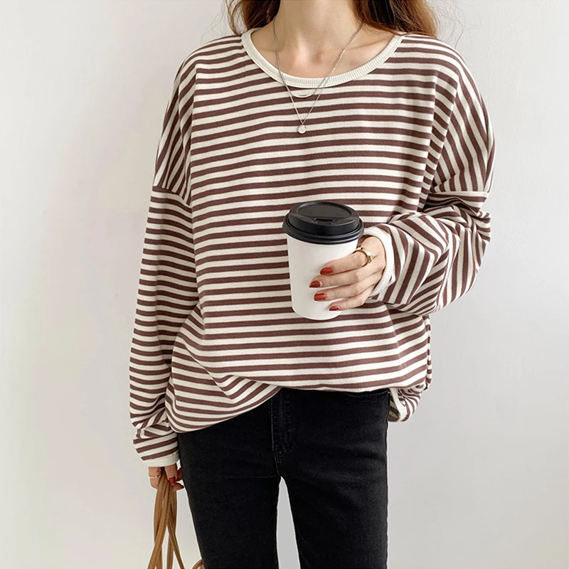 

Oversize High Street Hoodies Women Autumn 2023 New O-neck Long Sleeve Striped Sweatshirts Female Casual Loose All-match Pullover