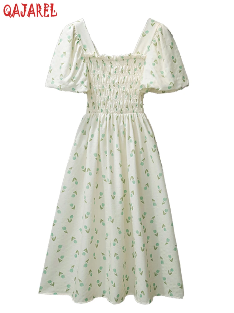 

2024 Summer New Prairie Chic Printing Puff Sleeve Dress Women Light Colour Chiffon Elegant Casual Dress Beach Chic Female Dress