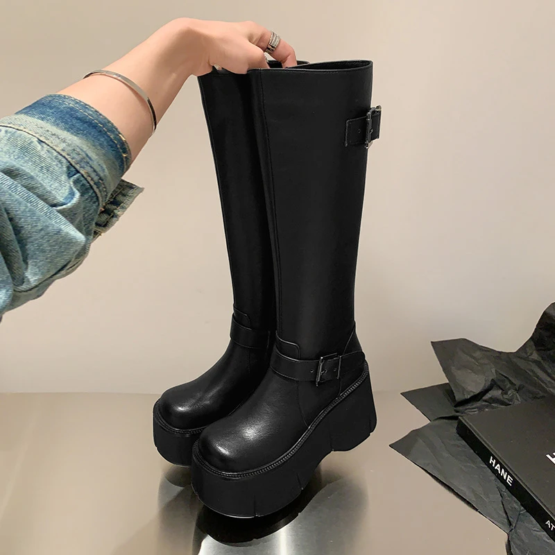 女性用ニーハイプラットフォームブーツ,ベルトバックル,ラウンド
