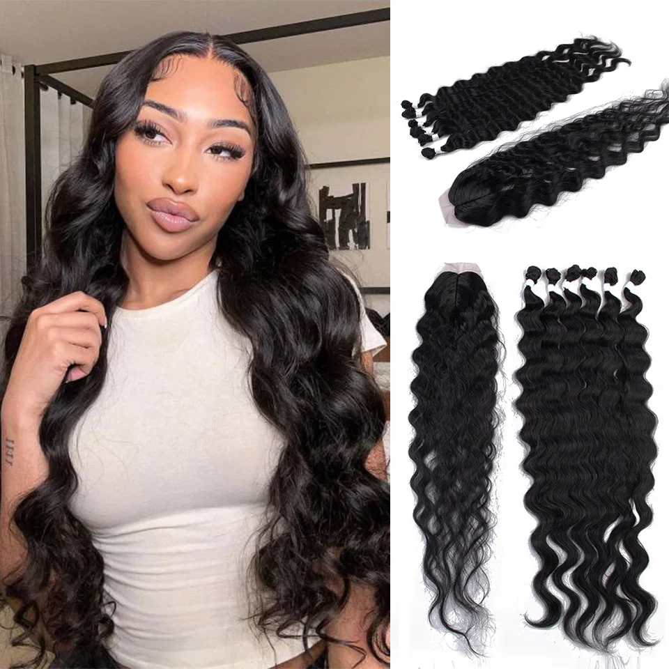 

Bundles With Closure Synthetic Hair Body Wave Hair Extensions 36inch Ombre Blonde Hair 7pcs 320g Suitable For Daily Cosplay Wear