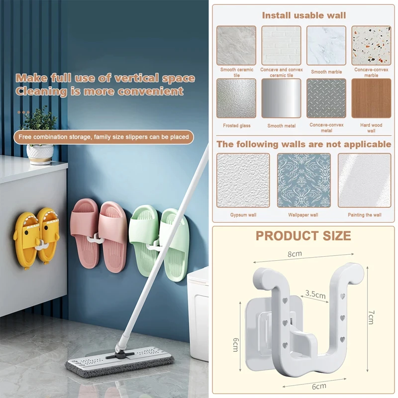 2Pcs Slipper Hooks Bathroom Wall Mounted Punch-Free Slipper Racks Self-Adhesive Storage Rack for Slipper Shoes Hanger Holder 6