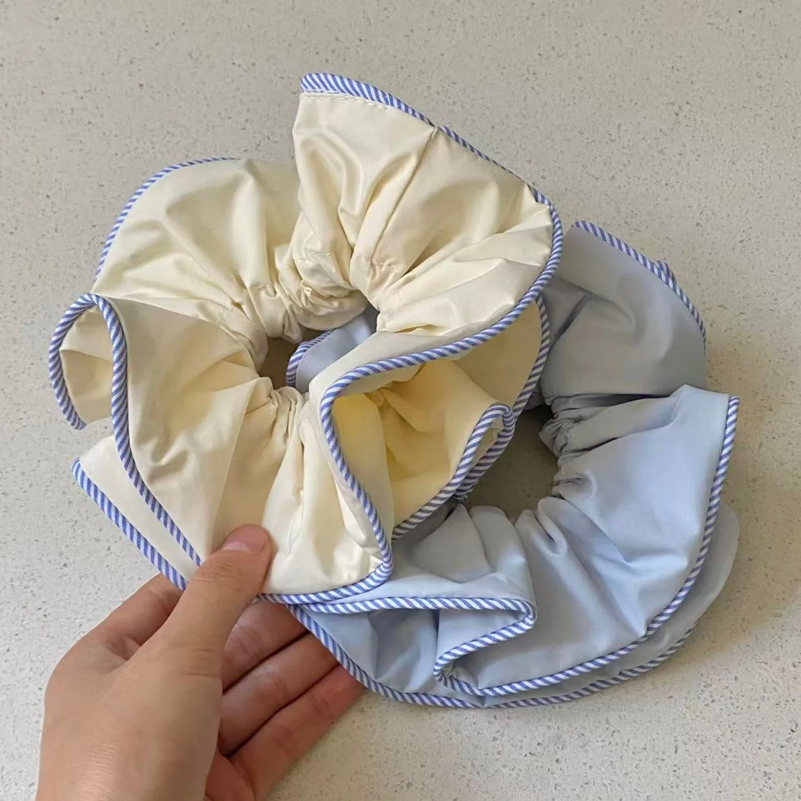 1PC Scrunchies Light Blue & Yellow With Blue Striped Edge, Cute Vintage Hair Accessories For Women Girls, Daily Styling & Gifts