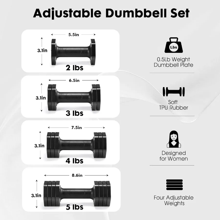 Adjustable Dumbbell Set, 4 in 1 Free Weights Dumbbells Set for Women, Weights for Women at Home, 2lb 3lb 4lb 5lb with TPU Soft R
