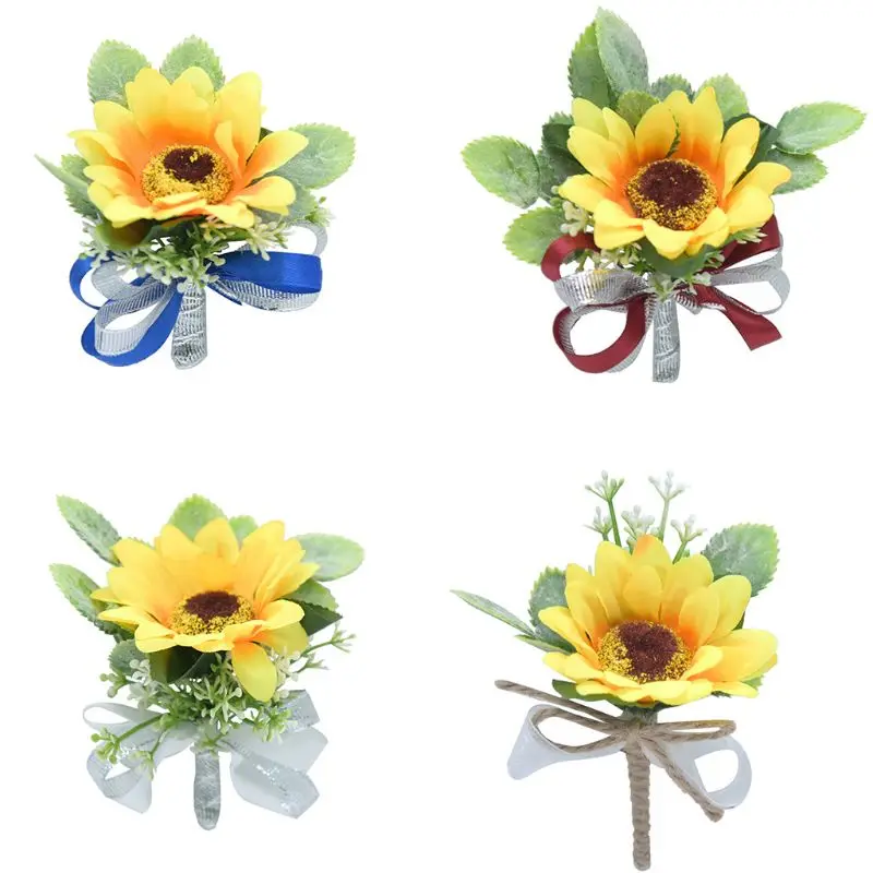 

Handcrafted Groom Bride Wedding Party Boutonniere Artificial Sunflower Brooch Corsage with Greenery Ribbon Bow Pin Clip