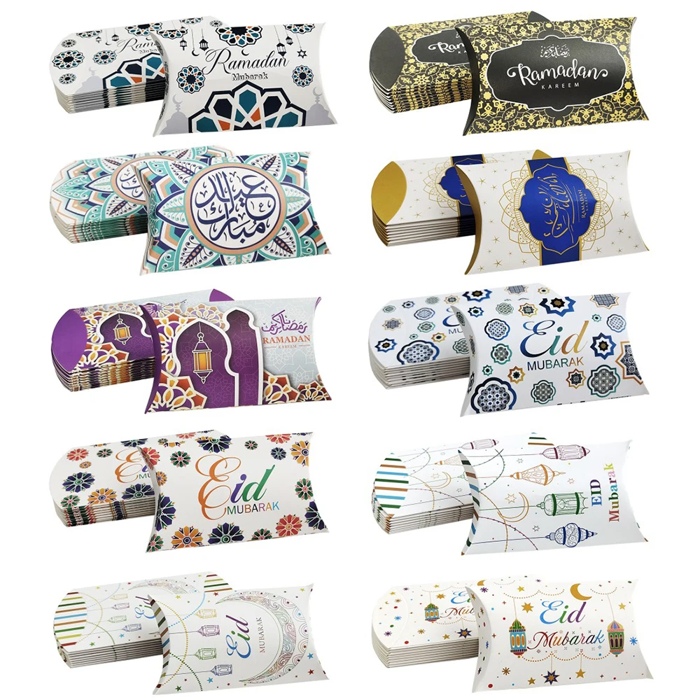 10 stücke EID Mubarak Candy Boxen Kissen Form Kraft Papier Geschenk Box Ramadan Dekor Muslim Islamischen Party Liefert Ramadan Kareem Geschenke