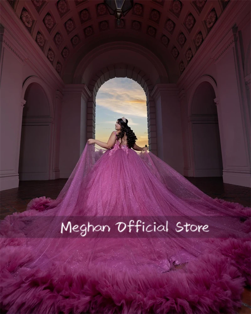 Fuchsia O N Quinceanera Dresses Ball Gown Bead Appliques Birthday Luxury Dress Ruffles Graduation Gown Sweet 15 Customized