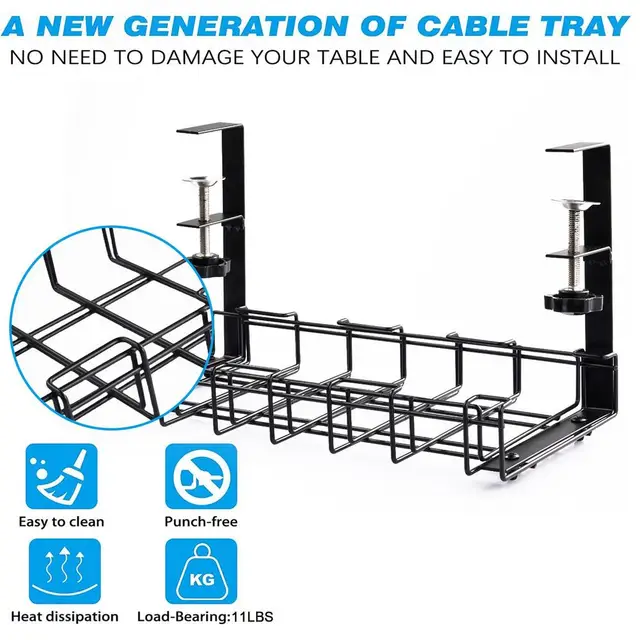  Bandeja de organización de cables para debajo del escritorio,  organizador de cables con 25 sujetacables Bandeja organizadora de cables de  metal para la oficina y el hogar. Canasta perfecta para organización