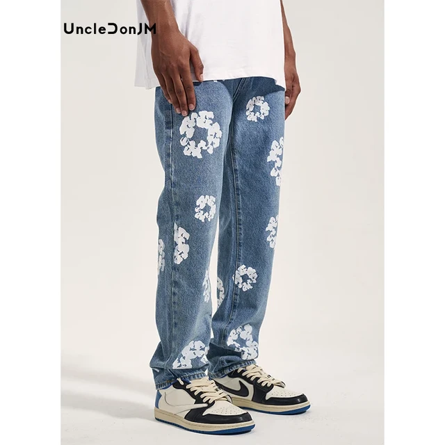 Blue Flower Denim Jeans Distressed Vintage Straight Jeans Hip Hop