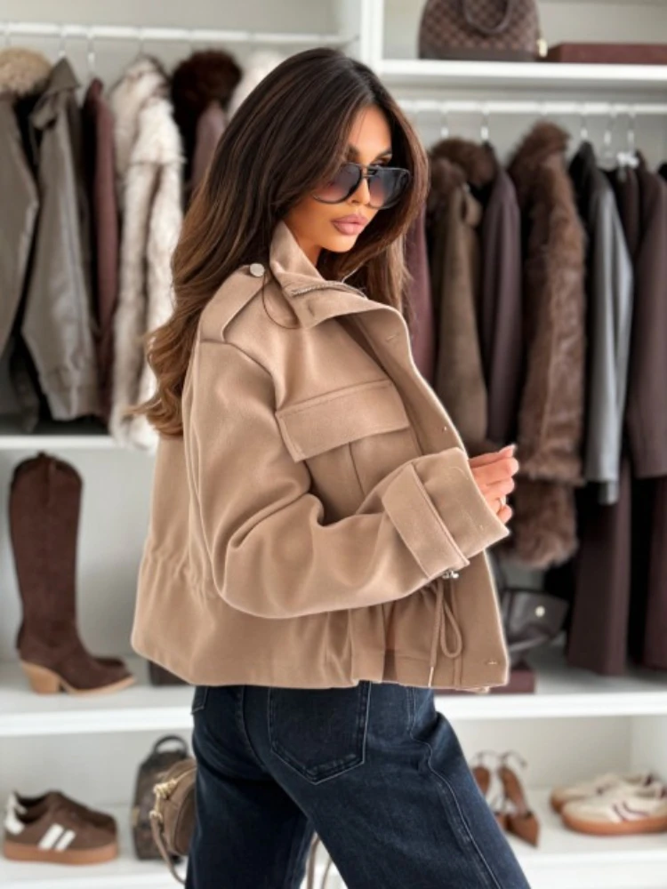 Autumn and Winter New Women's Clothing Stand-up Collar Long-sleeved Button-up Cardigan Jacket Casual Belt Pocket Short Coat