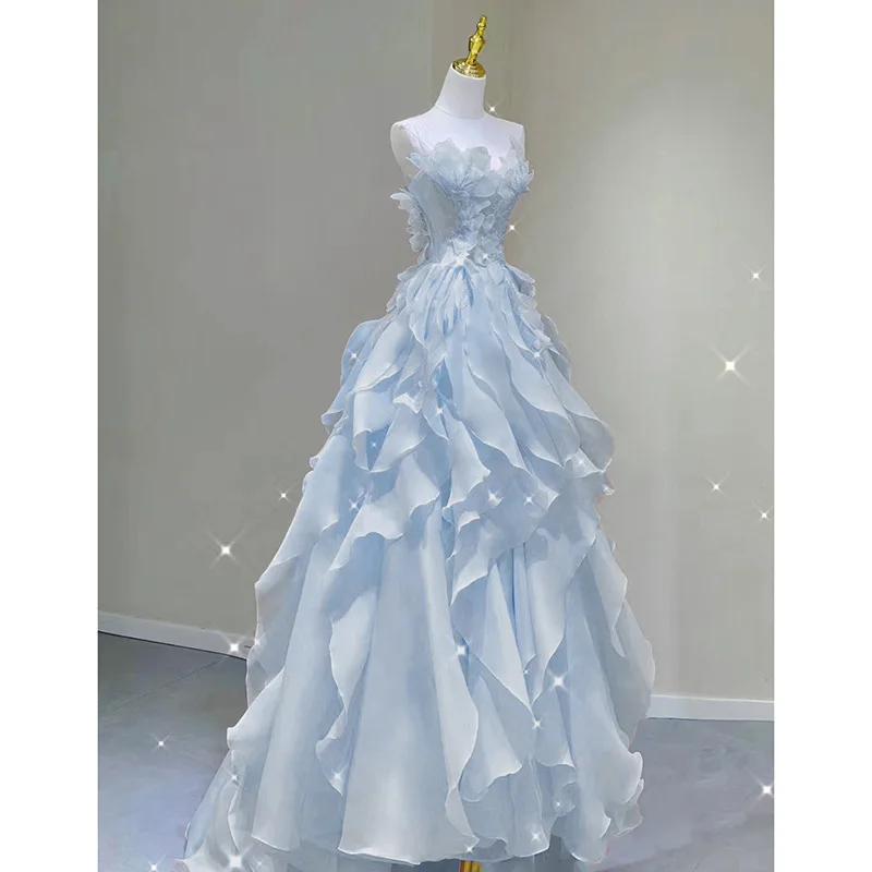 Elegant Blue Strapless Evening Dress Women New Fresh Sweet Ruffles Temperament Banquet Party Gown Prom Dresses