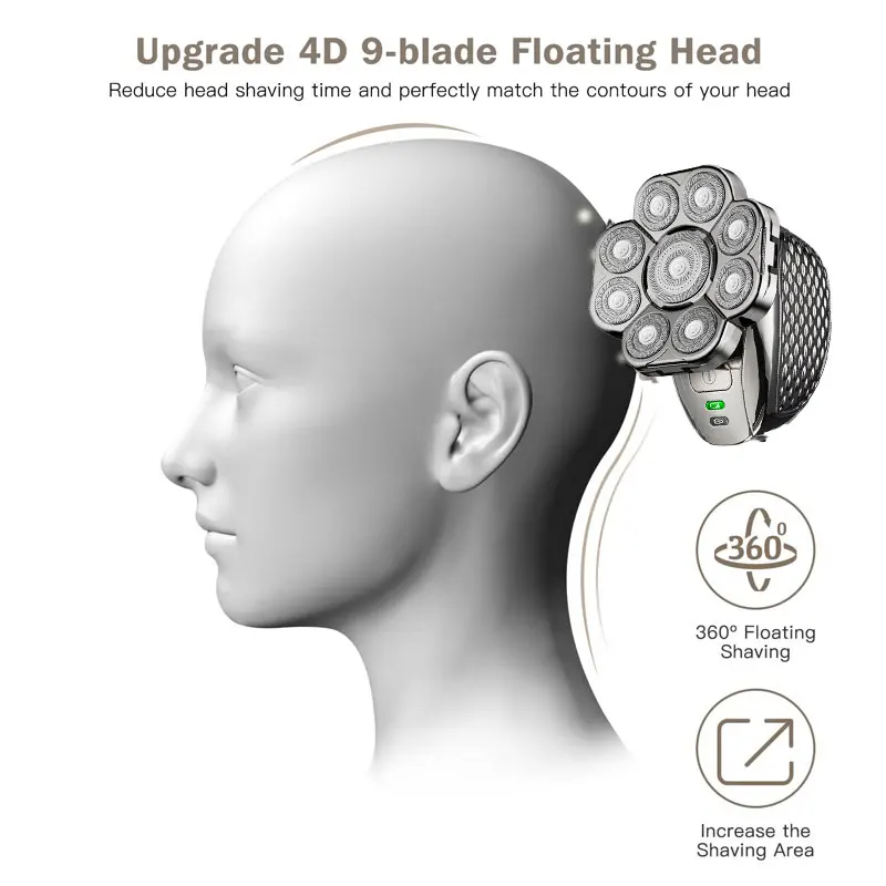Men's Bald Head Electric Shaver 9 Blades Floating 6In1 Heads Beard Nose Ear Hair Trimmer Clipper Facial Brush Rechargeable Razor 2