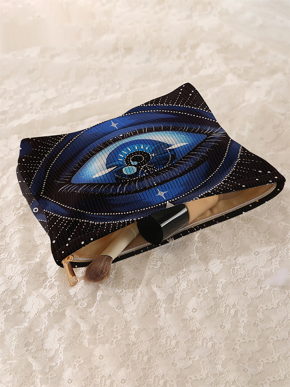 1 eye pattern corduroy makeup bag, lightweight zipper makeup storage box, multifunctional bag with lining