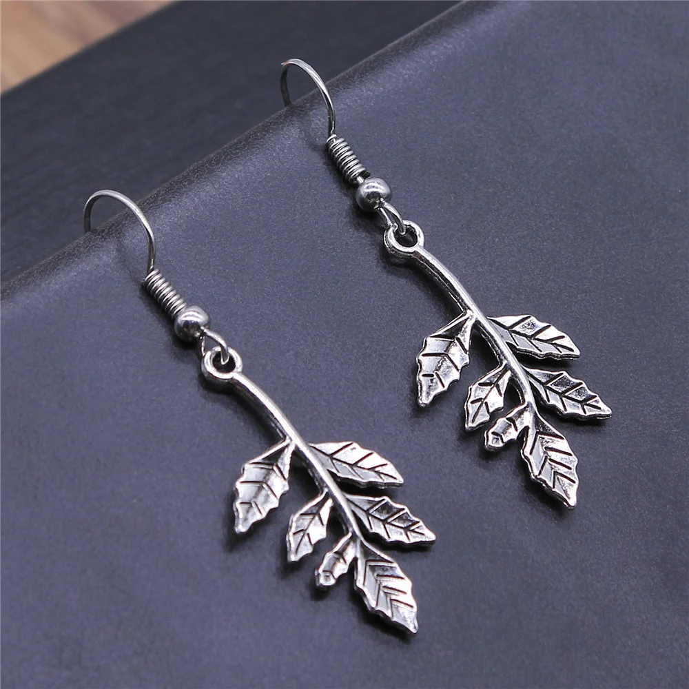 Vintage Simple Antique Silver Color Clover Leaf Branch Tree Dangle Earring For Women Girl Gift Flower Branch Dangle Earrings