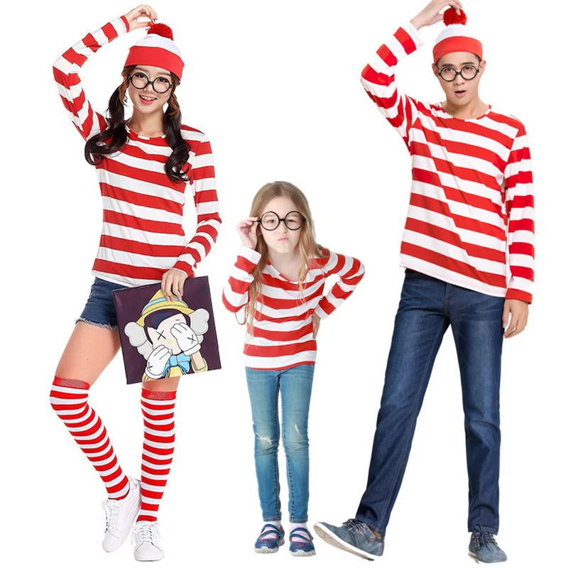 

Girls Boys Family Matching Parent-Child Where is Wally Costume Set Waldo Book Week Fancy Dress Outfit Stripe Shirt +Hat +Glasses