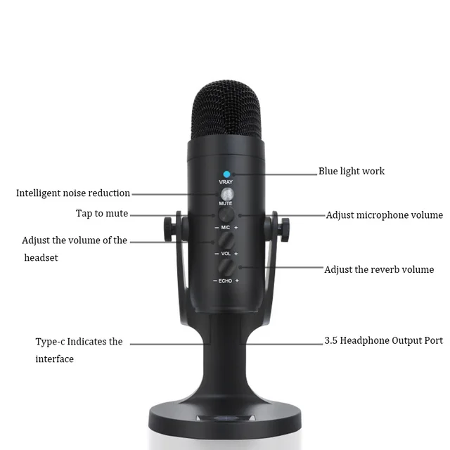 Condenser Microphone USB Desktop Mic For Computer ASMR Live Dubbing Game  With Real-time Monitoring Noise Cancelling