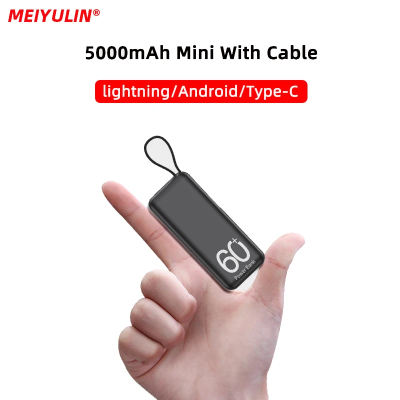 5000mAh Mini Power Bank With Type-C Cable Portable Fast Charging Mobile External Spare Battery Charger for iPhone Samsung Xiaomi 5