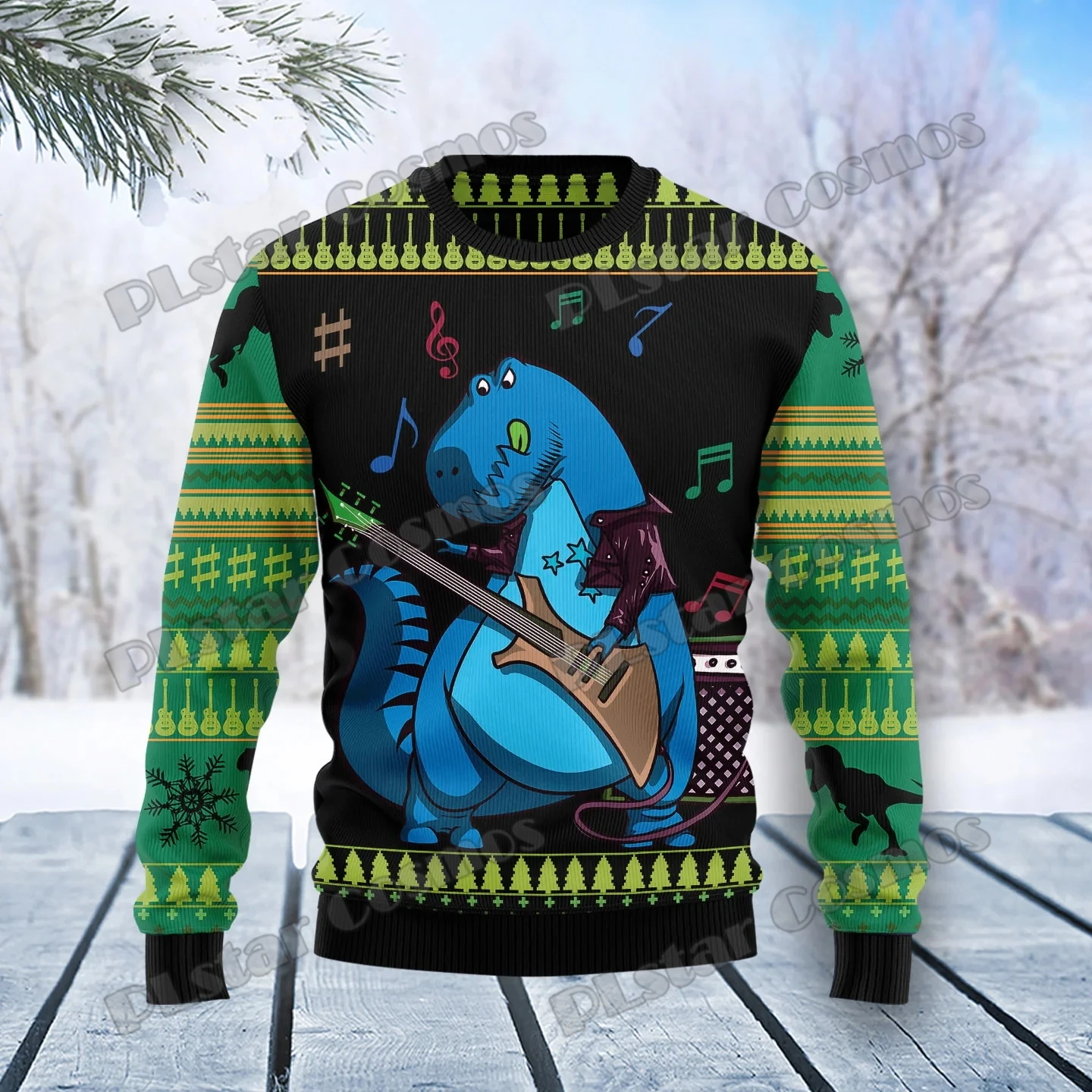 

PLstar Cosmos Dinosaur Guitar Pattern 3D Printed Men's Ugly Christmas Sweater Winter Unisex Casual Warm Knitwear Pullover MY15