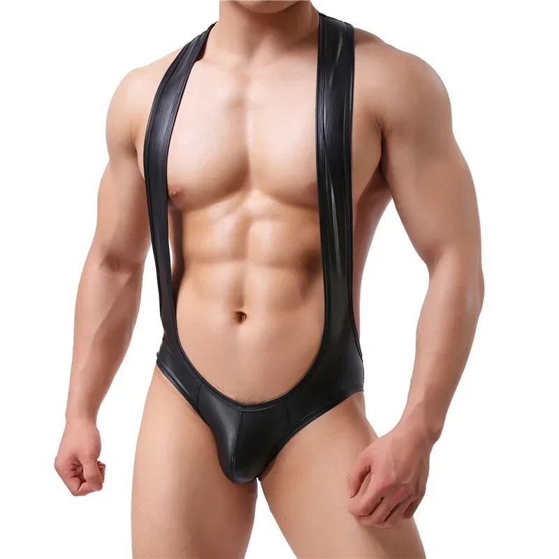 Men Sexy Bodysuits PU Leather Wrestling Singlet Open Butt Bikini Jumpsuits Suspender Teddies Underwear Gay Catsuit Undershirts