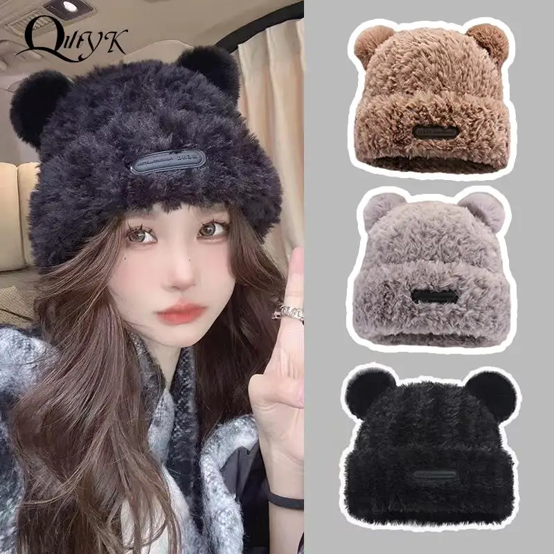 

Cute Ear Women Earmuffs Cap Cartoon Bear Ear Protection Hat Solid Color Plush Beanies Girl Winter Warm Fluffy Fur Headgear