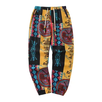 Men’s Boho Tribal Print Lightweight Linen Blend Drawstring Pants 1