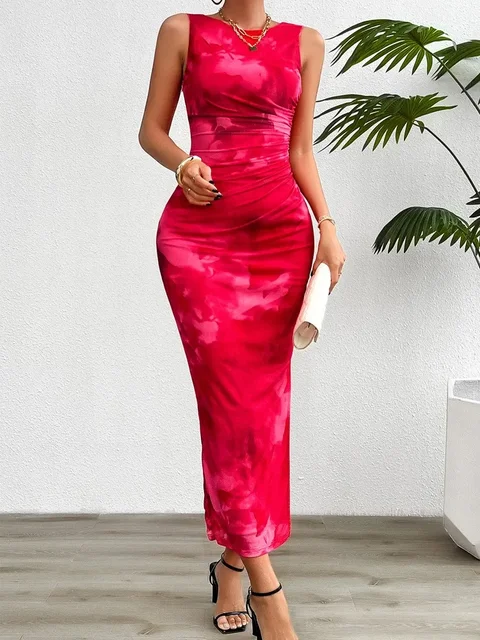 Print Round Neck Sleeveless Slim Fit Dress Spring Splits - Her Thread Print Round Neck Sleeveless Slim Fit Dress Spring Splits - Her Thread