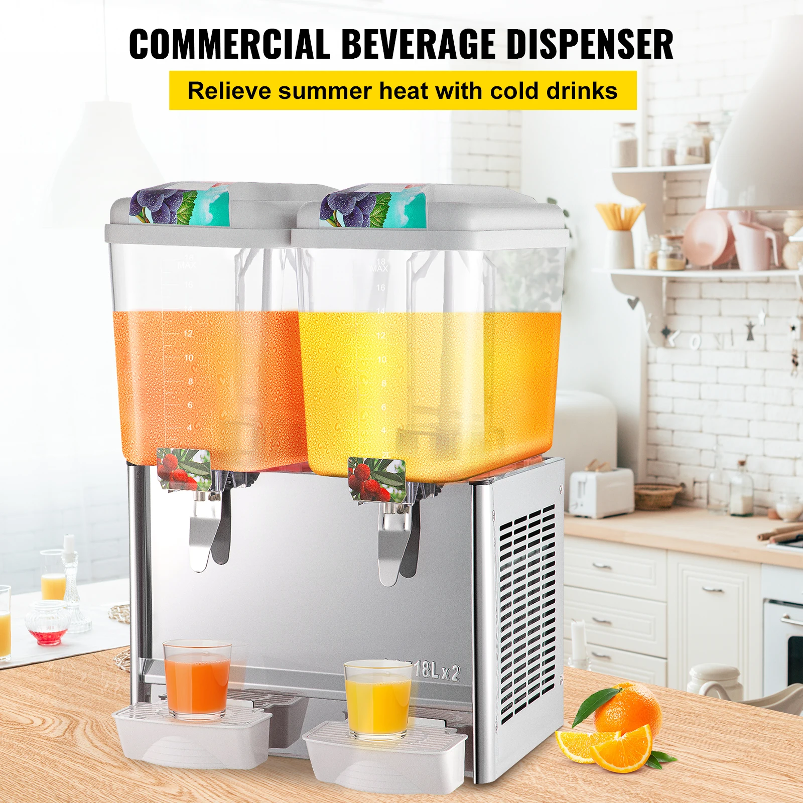 VEVOR Commercial Beverage Dispenser, 18L X 2 Tanks Juice Dispenser, 300W Food Grade Stainless Steel Ice Tea Drink Dispenser 2